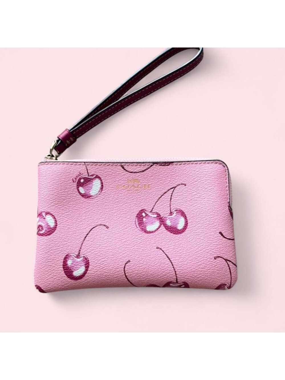 Coach Cherry Print Pink Corner Zip Wristlet‎ Luxury Coquette Dainty Preppy Cute